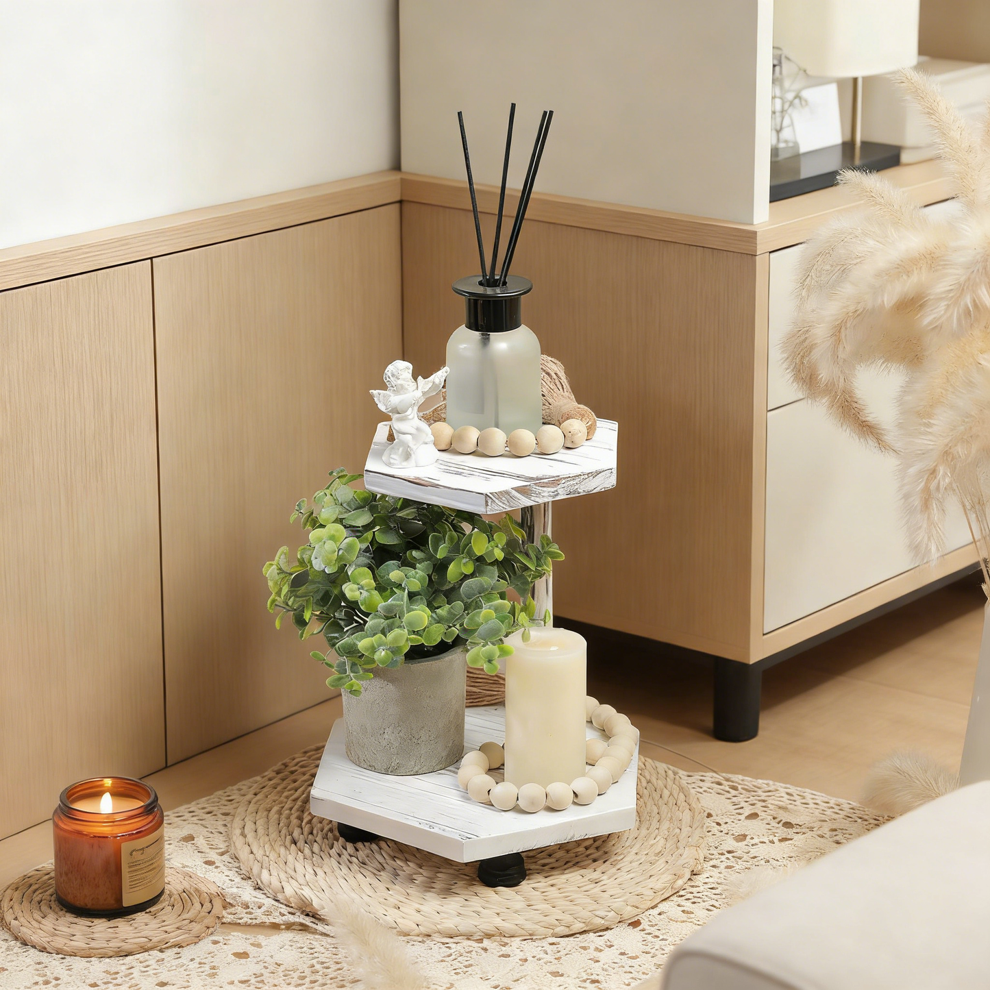 2-Tier Rustic Wooden Corner Shelf - Freestanding & Wall-Mounted Display Stand for Farmhouse Decor