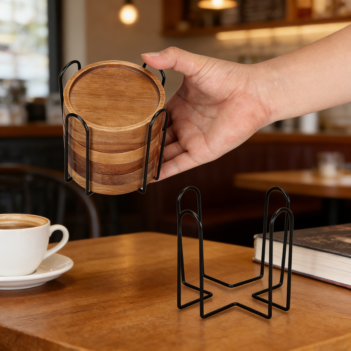 6 Pcs Best Wooden Coasters with Holder Coffee Table Decor