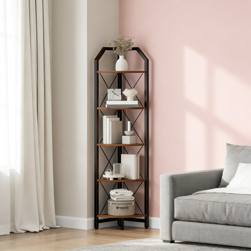 59.4" Corner Shelf, 5-Tier Industrial Corner Bookshelf, Corner Storage Stand, Plant Stand Display Shelf