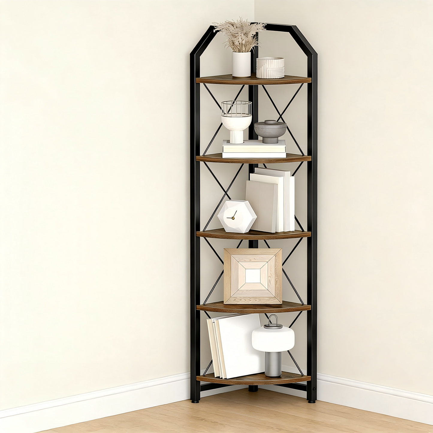 59.4" Corner Shelf, 5-Tier Industrial Corner Bookshelf, Corner Storage Stand, Plant Stand Display Shelf