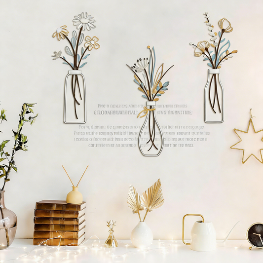 Pigort 3 Pieces Metal Flowers Wall Art- Rustic Farmhouse Decor Minimalist Decor for Living Room Bathroom Bedroom Dining Room