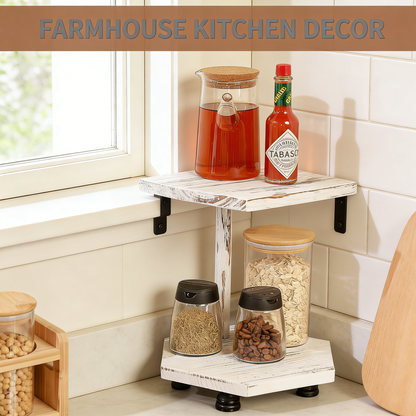2-Tier Rustic Wooden Corner Shelf - Freestanding & Wall-Mounted Display Stand for Farmhouse Decor