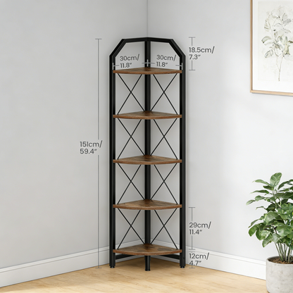 59.4" Corner Shelf, 5-Tier Industrial Corner Bookshelf, Corner Storage Stand, Plant Stand Display Shelf