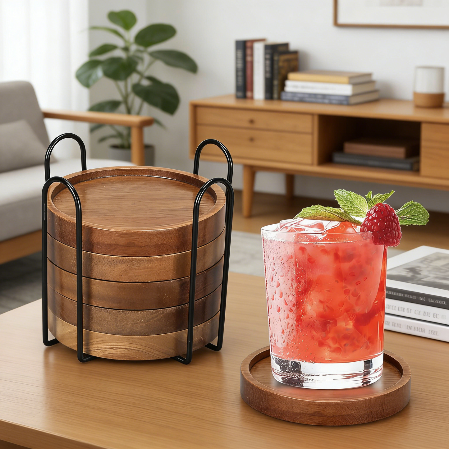 6 Pcs Best Wooden Coasters with Holder Coffee Table Decor