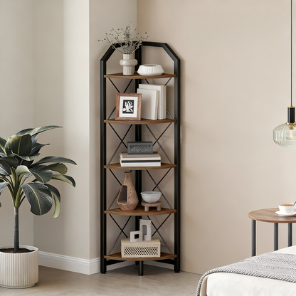 59.4" Corner Shelf, 5-Tier Industrial Corner Bookshelf, Corner Storage Stand, Plant Stand Display Shelf