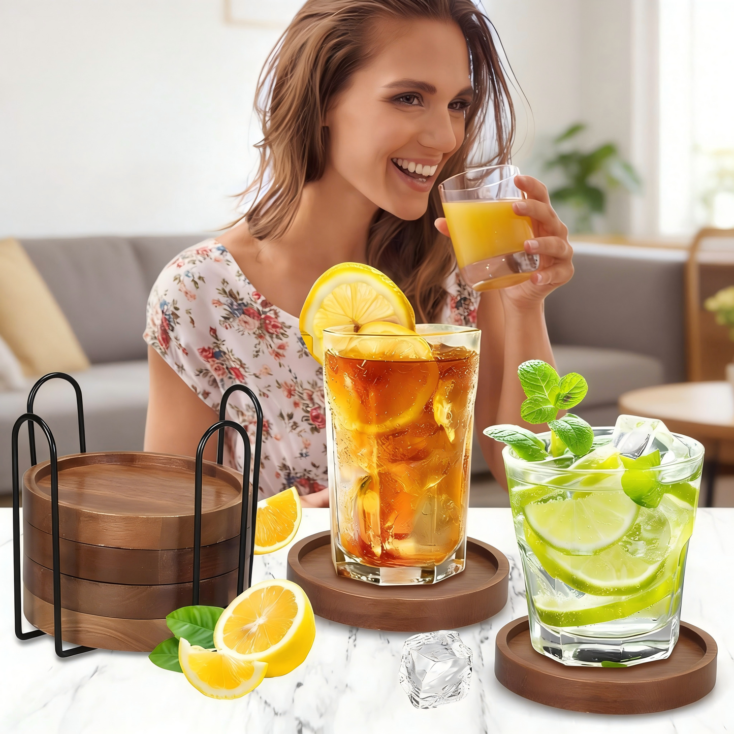 6 Pcs Best Wooden Coasters with Holder Coffee Table Decor